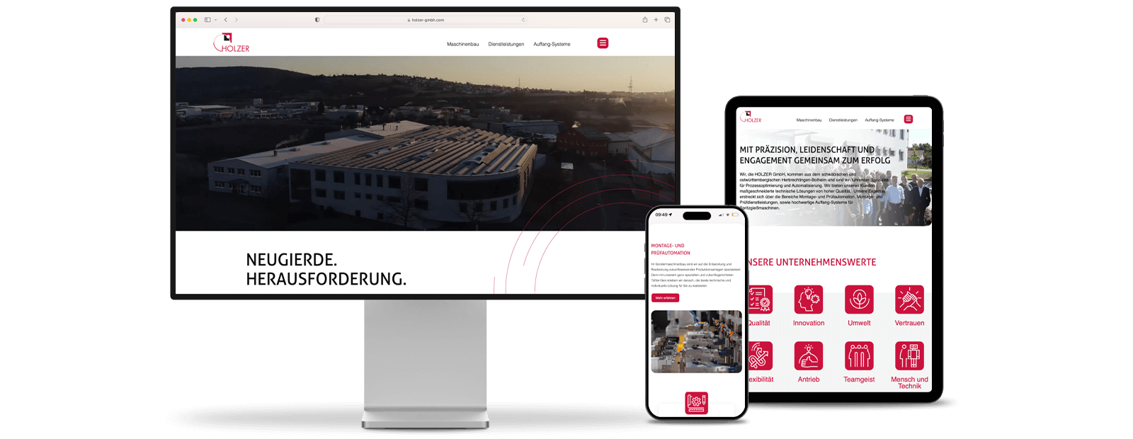 Darstellung der HOLZER Website in den verschiedenen Endgeräten: Desktop, iPad & am Handy